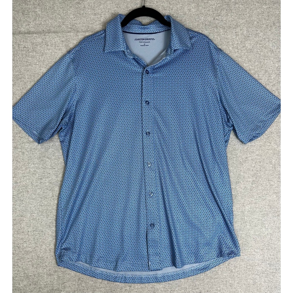 Johnston & Murphy Performance Shirt Mens Medium Blue Button Up Geometric Stretch
